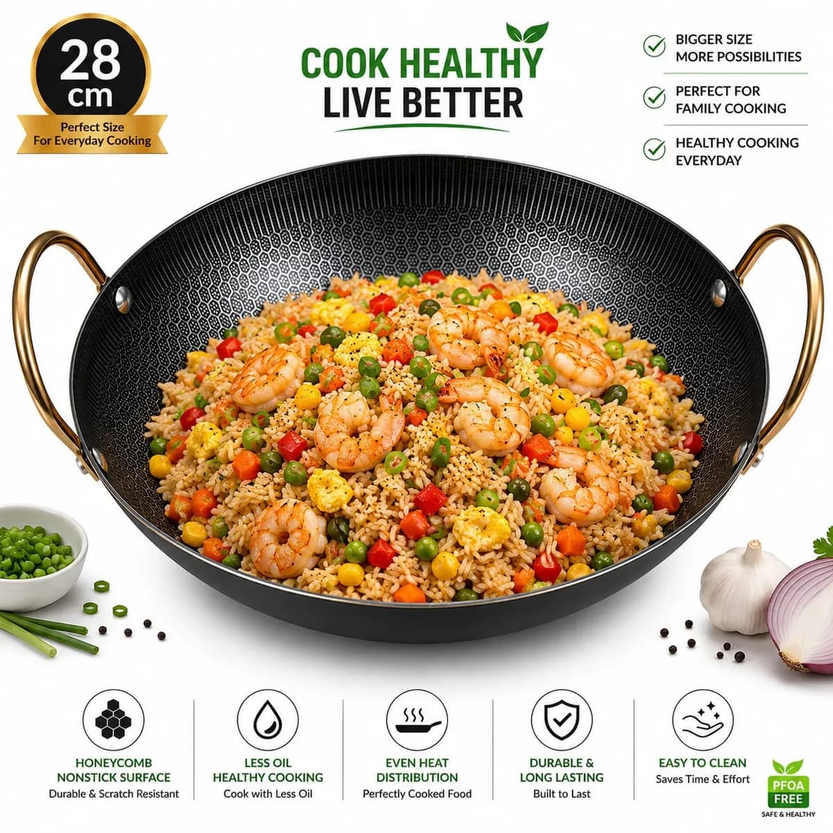 28cm Honeycomb Stainless Steel Wok Pot Frying Pan Stockpot