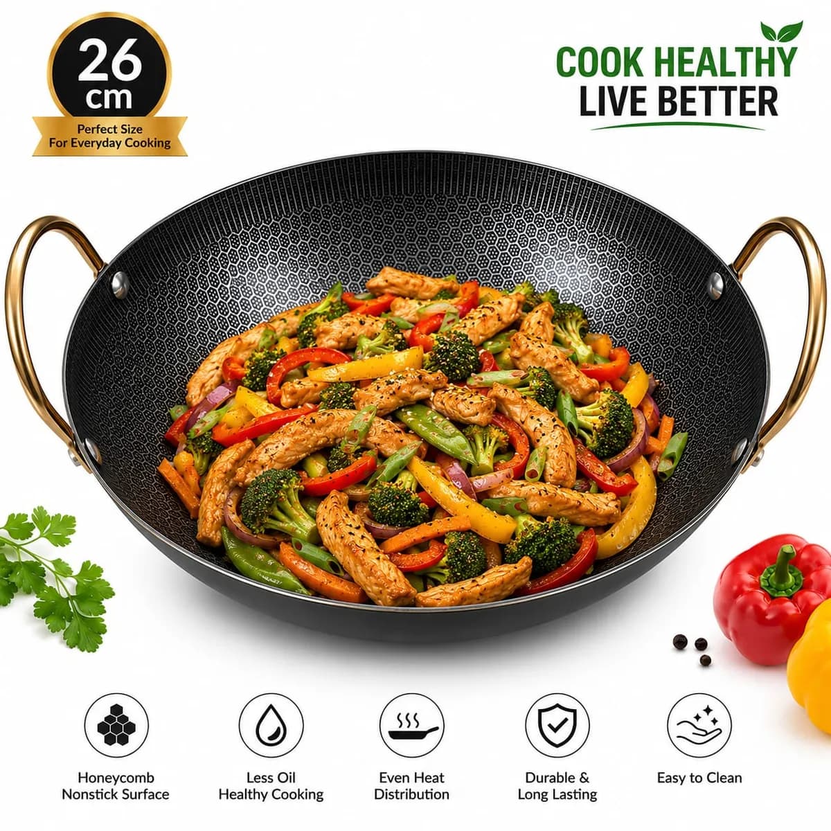 26cm Honeycomb Stainless Steel Wok Pot Frying Pan Stockpot