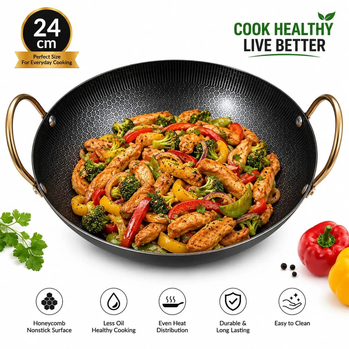 24cm Honeycomb Stainless Steel Wok Pot Frying Pan Stockpot