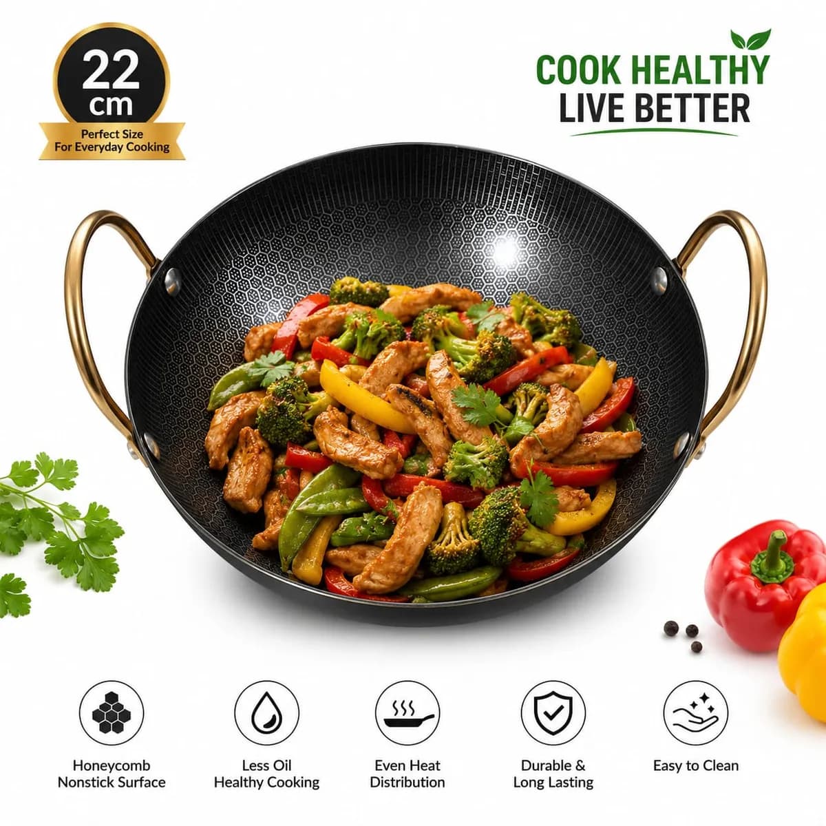 22cm Honeycomb Stainless Steel Wok Pot Frying Pan Stockpot