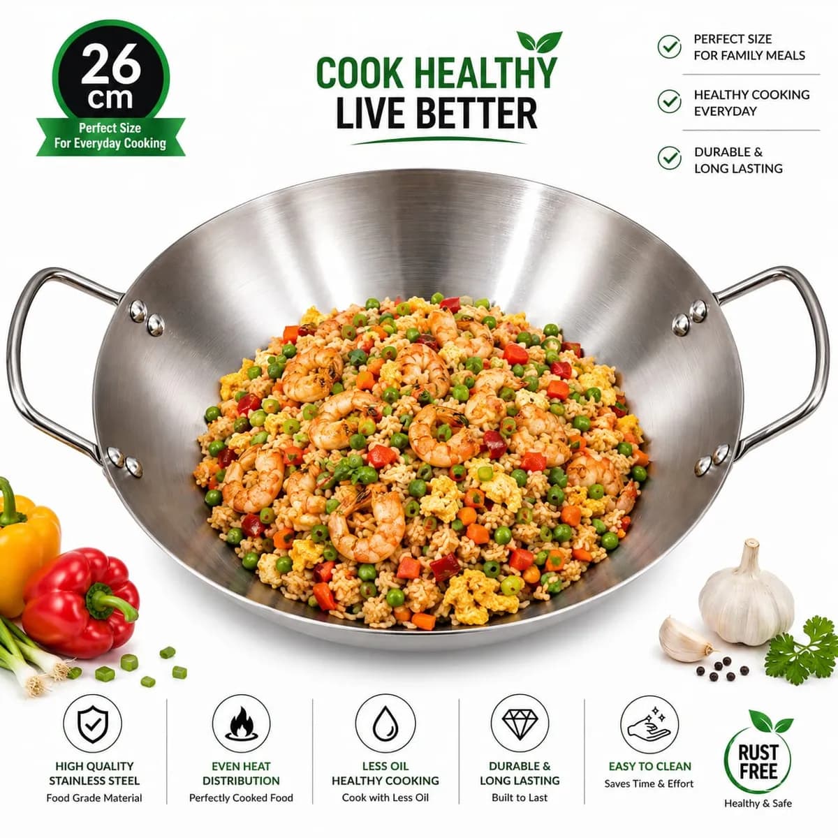High Quality stainless steel 26cm Korai/wok frying pan