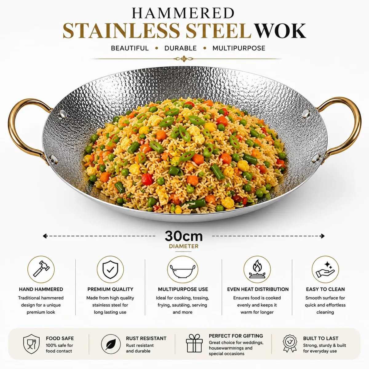 Hammered design 30cm Stainless Steel Fraying Pan /wok