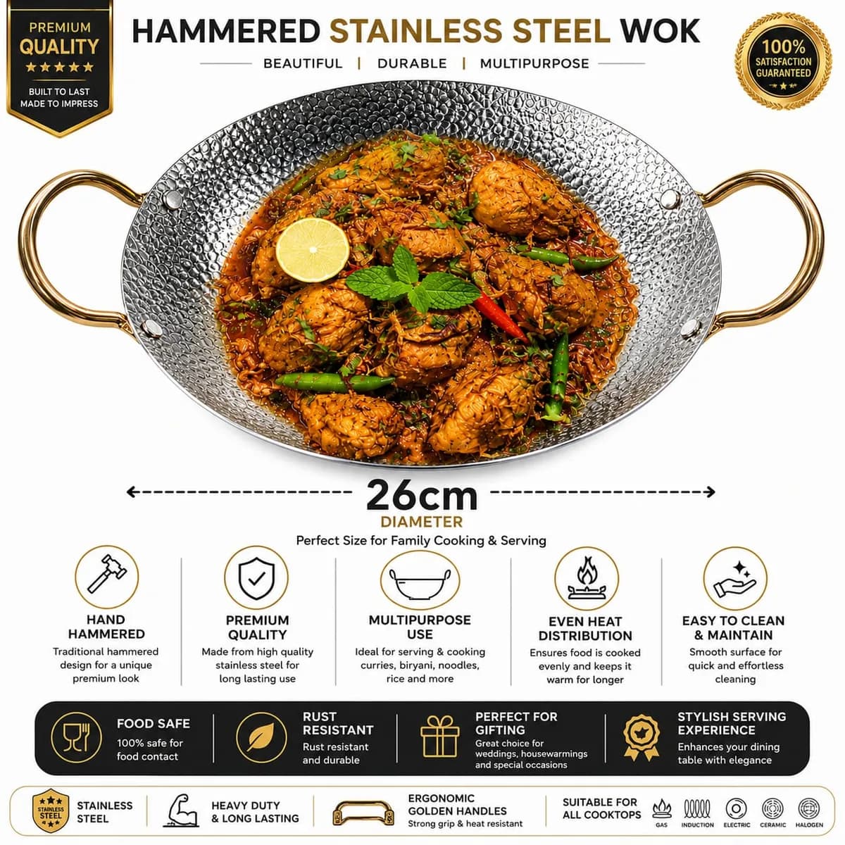 26cm Hammered Design Stainless Steel Cooking Korai/Wok