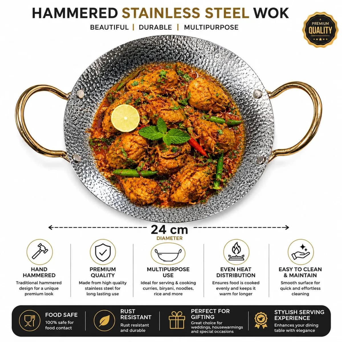 24cm Hammered Design Stainless Steel Cooking Korai/Wok