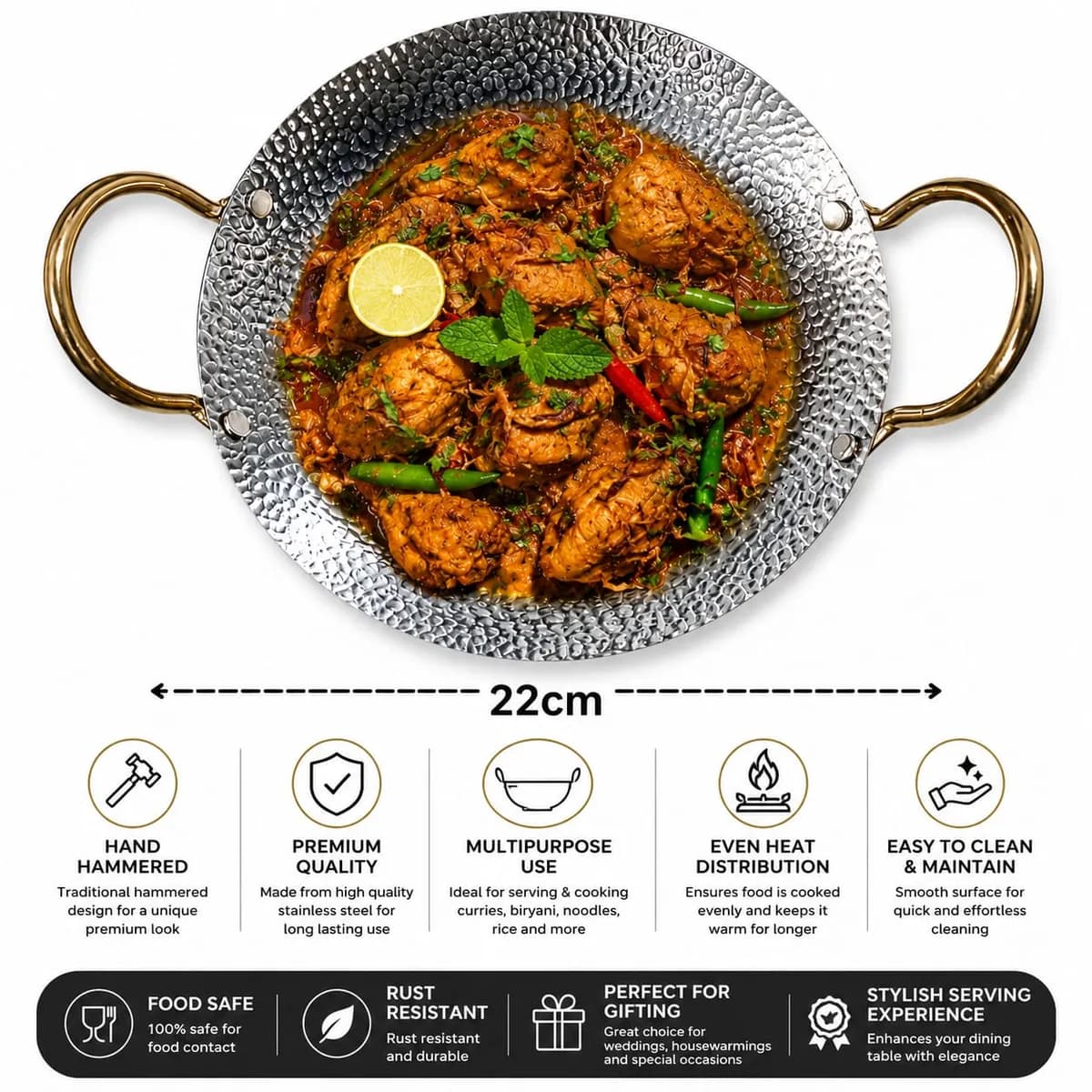 22cm Hammered Design Stainless Steel Cooking Korai/Wok